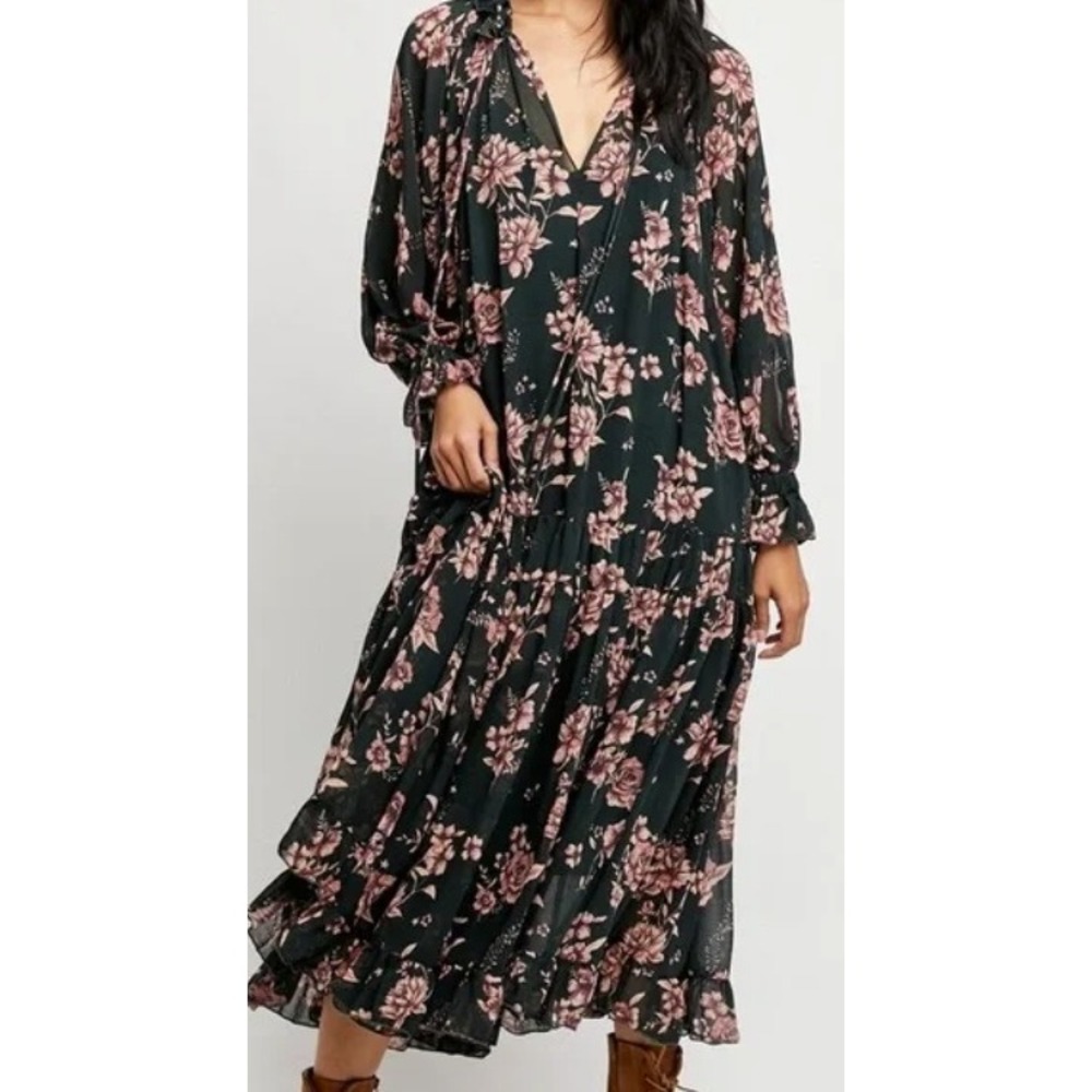 Free People Feeling‎ Groovy Maxi Dress Green Pink Floral Print Tiered Size S